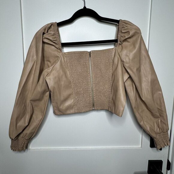 7 For All Mankind Faux Leather Puff Sleeve Square Neckline Smocked Back Medium M - Picture 3 of 7